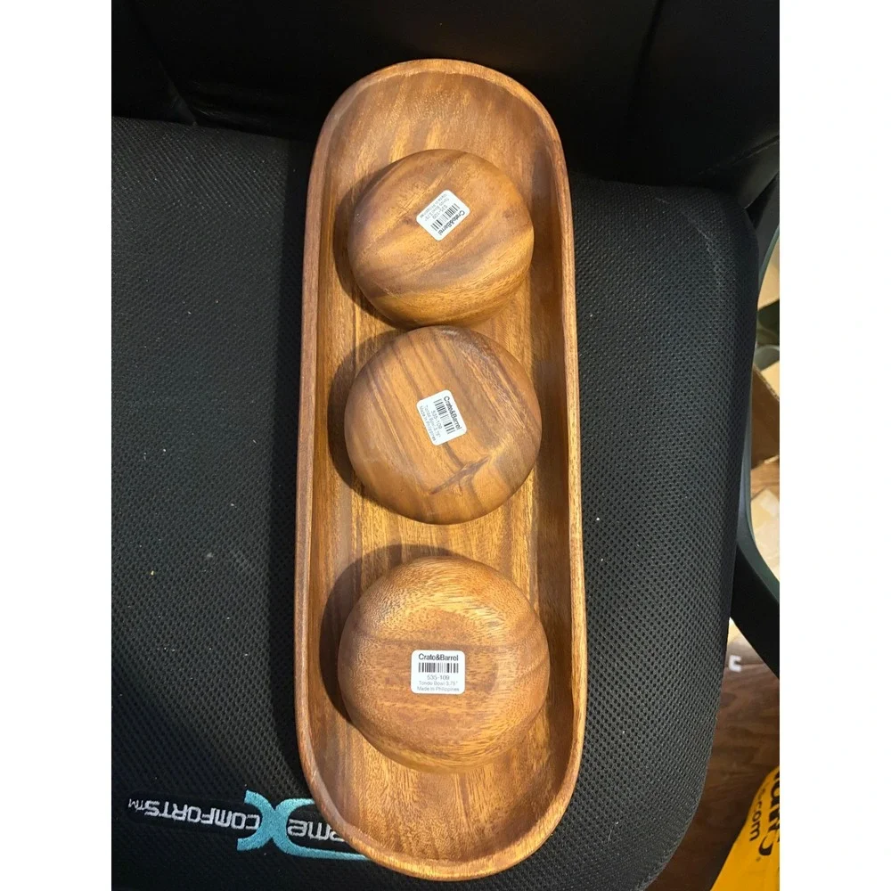 Crate‎ & Barrel Tondo Serving Set Brown Acacia Wood Platter and 3 Bowls